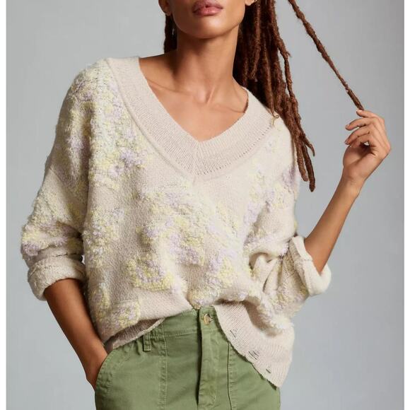 Anthropologie Textured V Neck Sweater XS Gray Oversized Boxy Knit Slouchy - Picture 4 of 13